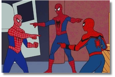Meme de tres personajes señalándose entre sí